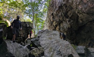 en person og en hund på en stein