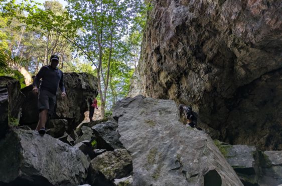 en person og en hund på en stein